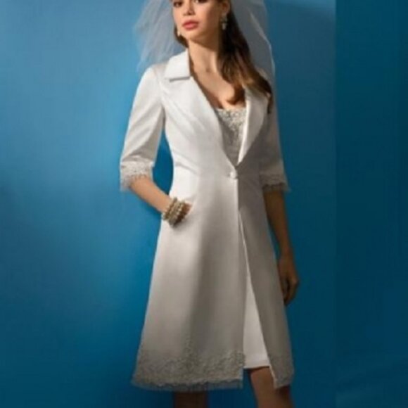 2- Piece WeddingDress  Suit w/ Empire Strapless Knee-Length Dress Tuxedo Jacket - Picture 1 of 3